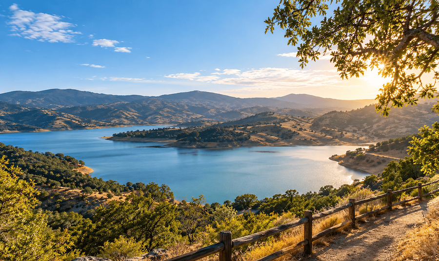 Scenic view of Anderson Lake surrounded by rolling hills and natural landscapes in Morgan Hill, California