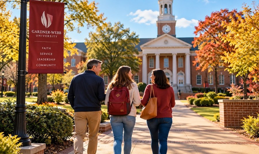 Parent and prospective college student exploring a university campus near Boiling Springs, North Carolina