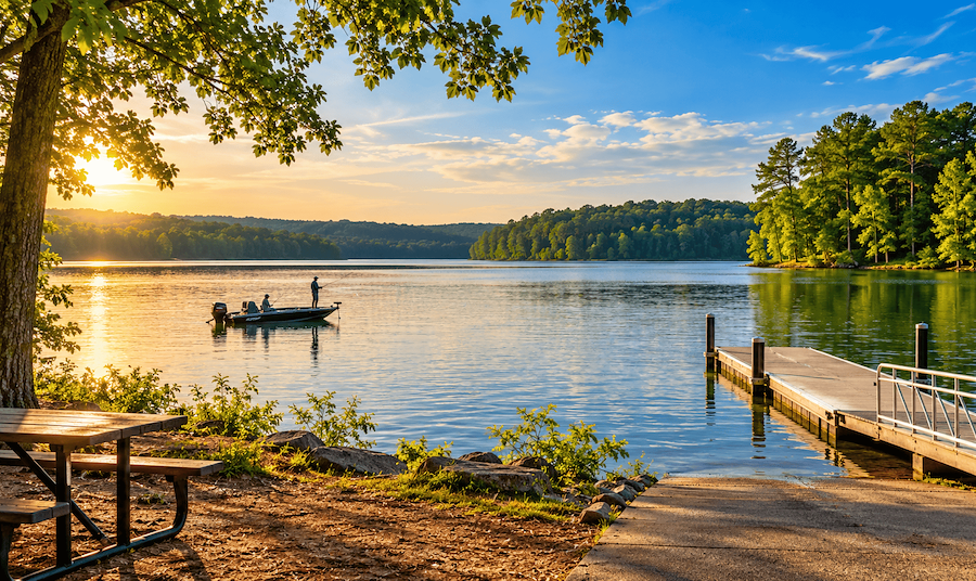 Moss Lake near Shelby, North Carolina, with a tree-lined shoreline and recreational fishing boat.